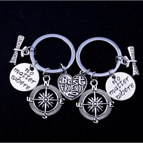 12PC No Matter Where Broken Heart Best Friends Pendant Keychains Vintage Compass Charm Keyrings Friendship Graduation Gifts Hot