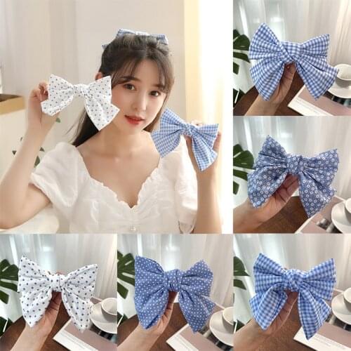 Floral Polka Dot Blue Series Bowknot Hairpin Headdress Girl Sweet Oxygen Blue Plaid Flower Cute Bangs Clip Child Side Clip