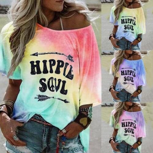 T shirt Women Harajuku Tops Women Summer Large Size Loose-Shouldered Tie-Dye Monogrammed Camisetas Mujer Tshirt Women футболка