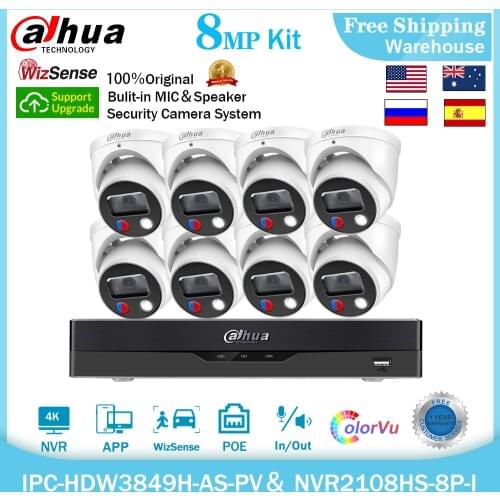 Dahua 8MP IP Camera 4K NVR Security Kit Wizsense IPC-HDW3849H-AS-PV NVR2108HS-8P-I H265 CCTV Video Recorder Surveillance System