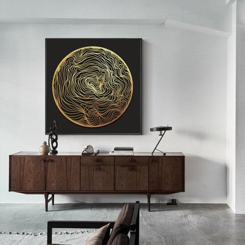 Abstract Yellow Waves Black Line Decorative Painting Atmospheric Luxurious Square Canvas Wall Picture Printing Poster Bedroom