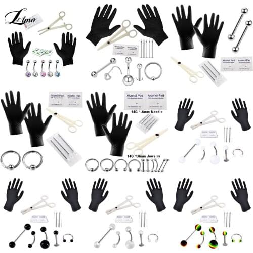 1SET Tongue Eyebrow Nose Belly Button Body Jewelry Piercing Rings Clamp Gloves Needles Tool Kit Ear Plug Prong Studs