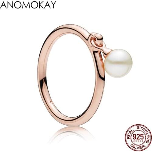 Anomokay Simple Series Rose Gold Color Finger Rings for Women Girl Authentic 925 Stelring Silver Simulation Pearl Ring Gift 2019