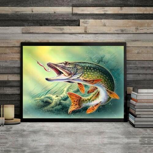 Cool Biting Fish Posters Fishing Canvas Painting for Fishing Lover Gift Wall Art Decoration