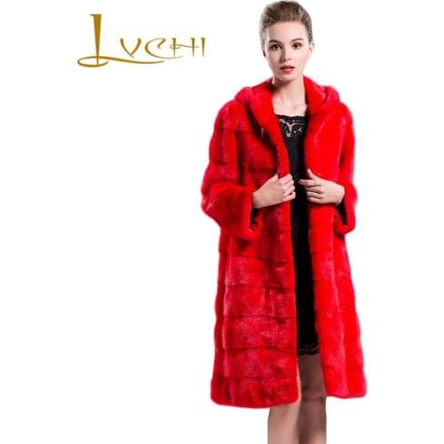 LVCHI Red With Fur Hood Miai Coats Natural Fur Coat Winter Down Jacket for Women Warm Outerwear Cozy holidy Ladies Fur Coat