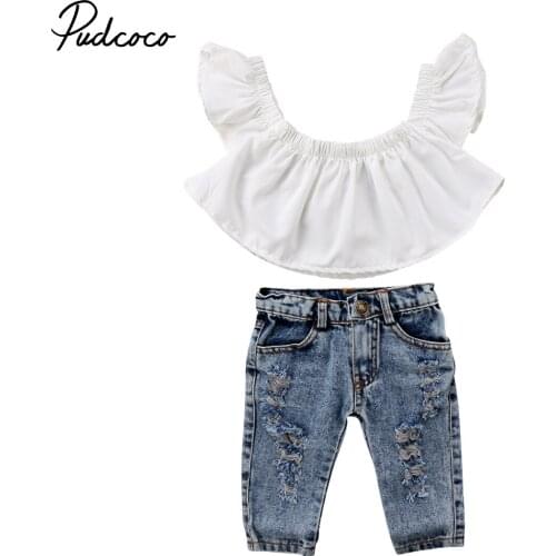 2Pcs Fashion Summer Clothes Infant Kids Baby Girls Off Shoulder Tops Toddler Girl Holes Pants Outfits Set