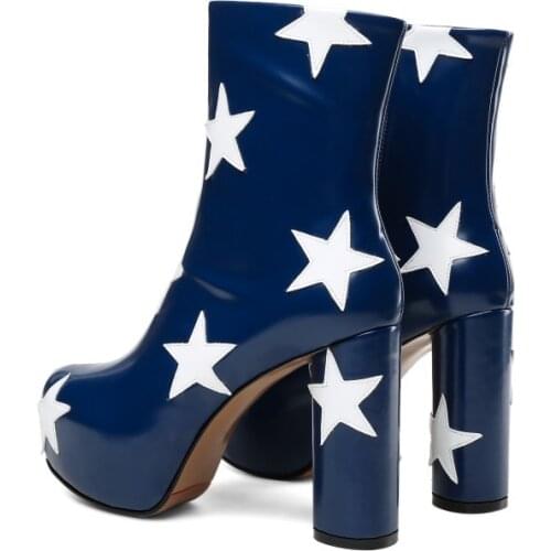 Fashion High Platform Five-Pointed Star Patchwork Ankle Boots Rough High Heel Martin Boots Woman Round toe Runway Boots
