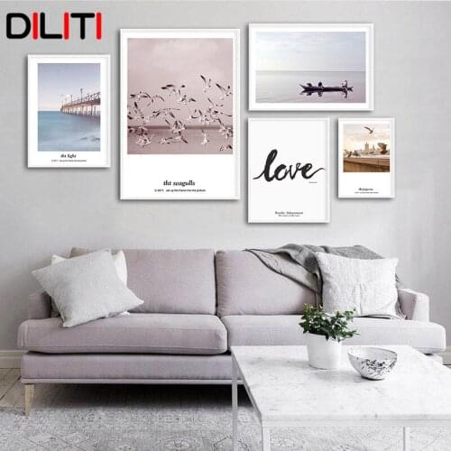 Sea Boat Bridge Pigeon Bird Canvas Painting Love Quote Poster Wall Pictures Seascape Print Art Nordic for Living Room Decor