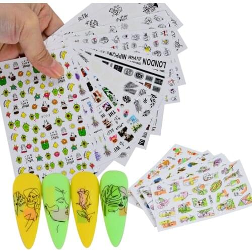 Cartoon DIY Design Nail Foil Abstract Lady Face Black Flower Green Leaf Fashion Girl Stickers Adhesive Nails Decoration Decals