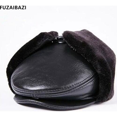 FUZAIBAZI New Dads Cap Winter Thicken Thermal Bomber Hats For Mens Fashion Plus Velvet Earmuffs Cowhide Genuine Leather Hat