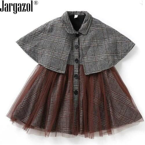 Girls Autumn Spring Dress Classic Plaid Cloak with Lace Fashion Vintage Dress Coat Elegant Children Clothes Drop Shipping