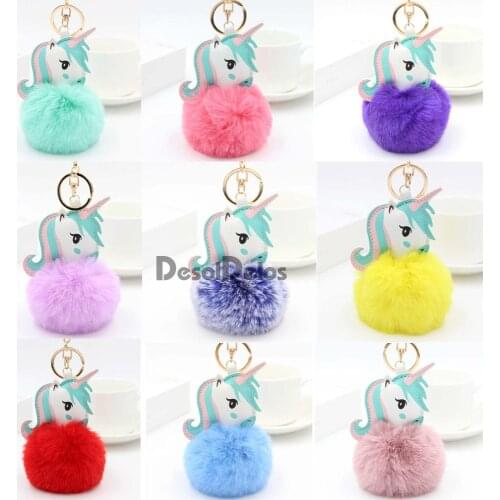 Pompom Unicorn Keychain Fur Ball Horse Key chain porte clef Women Bag Car Key Ring llavero mujer chaveiros sleutelhanger trinket