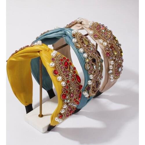 Retro Headband Colorful Crystal Hair Band Soft Stain Fabric Embroidery Headband Bridal Eleagant Faux Pearl Hair Accessories