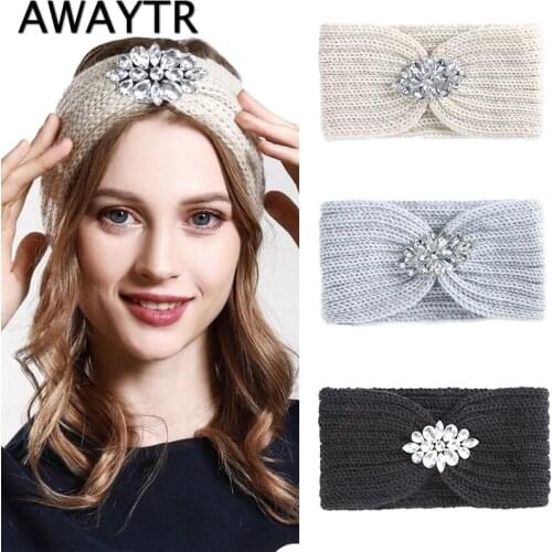 AWAYTR Women Rhinestone Knitted Headbands Women Winter Warm Crochet Head Wrap Wide Elastic Hair Headband Accessories Hair Bands