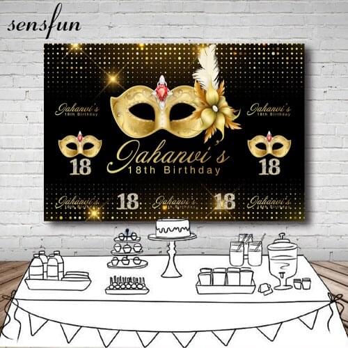 Sensfun Girls Sweet 16 18 Birthday Party Backdrop Black Glitter Gold Masquerade Mask Dance Party Photography Background Custom