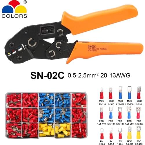 SN-02C 0.5-2.5mm2 Insulated Cord Pin End Butt Crimp Terminals Box 20-13AWG Crimping Pliers Tool Kits 190mm Clamp Plier