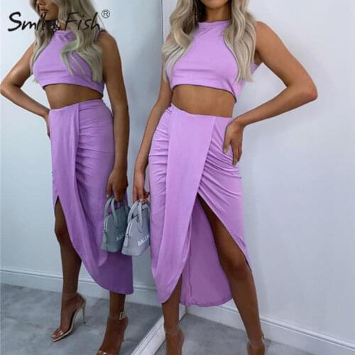 Sexy Ruched Party Plus Size Club Two Piece Outfits Matching Sets Crop Top Twist Side Split Long Skirts 2 Piece Set Women G1916