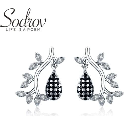 SODROV Trendy 925 Sterling Silver Jewelry Black Spinel Engagement Stud Earrings for Women Flower Bijoux I012