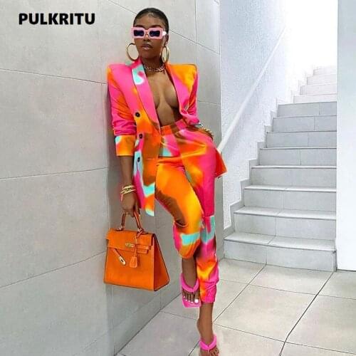 Pulkritu Tie Dye Autumn Spring Womens Two 2 Piece Set Streetwear Notched Blazers and Pants Matching Set Sexy Active Outfits