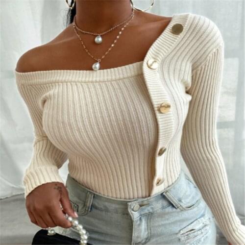 Womans Fashionable Sexy Knitted Ribbed Top Solid Color Long Sleeve Strapless Button Decoration T Shirt for Daily Life