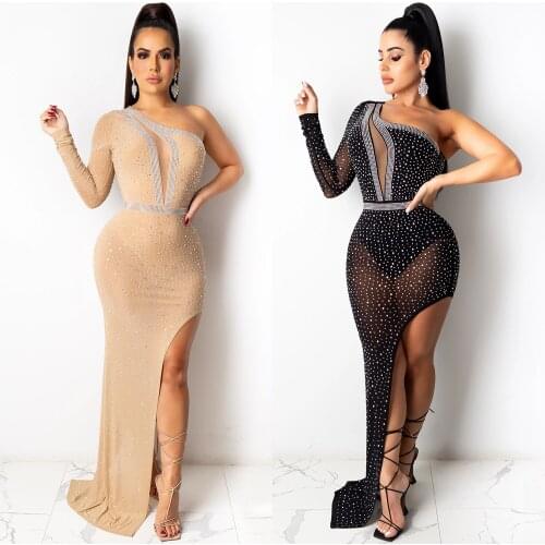 Womens Sexy Off Shoulder Long Sleeve Mesh see-through irregular High Split Sequined Dress Bodycon Party Maxi Dresss