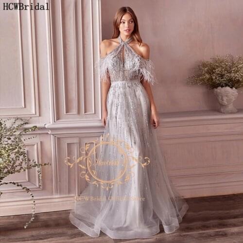 Bling Silver Beading Backless Evening Dress With Feather A Line Tulle 2021 New Women Pageant Party Evening Gowns Custom Made
