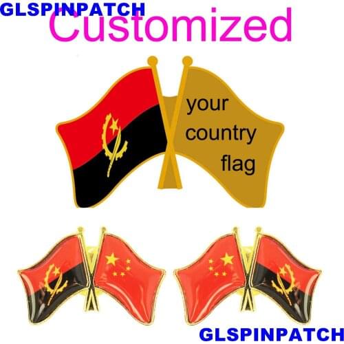 Angola Crossed Friendship Flag Double Country lapel pin Brooch USA UK France Chile Russia Saudi Arabia Japan Spain Badge