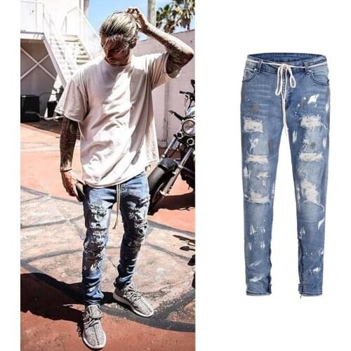 2018 New Arrivals fashion mens denim jeans pants cool blue jogger damage splash-ink stretch distressed ripped skinny Casual