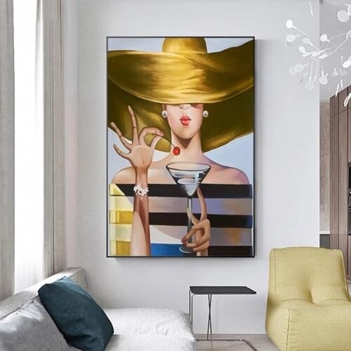 Abstract Aristocratic Lady Canvas Paintings Modern Cocktail Girl Posters and Prints Wall Art Pictures for Living Room Home Decor