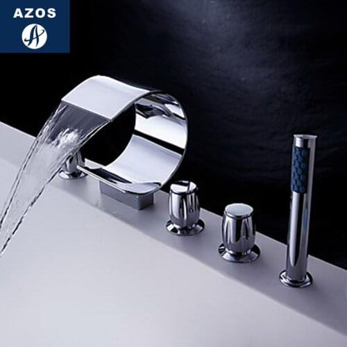Azos Split Bathtub Faucet Waterfall Wash Basin Brass Chrome Cold and Hot Switch Two Function Bathtub Bathing Bathroom Round Deck