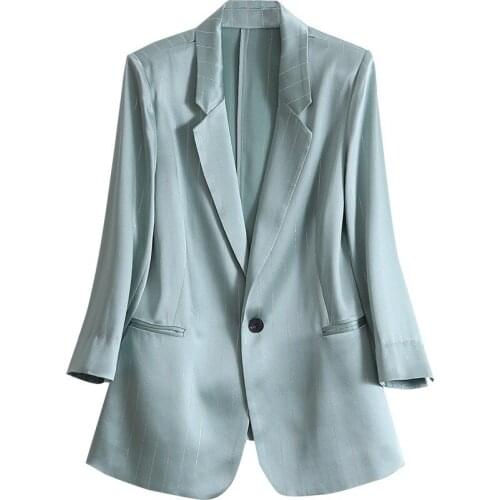 2021 Autumn Women Fashion Three Quarter Sleeve Striped Bright Stain Single Button Blazer Slim Pockets Jacket Coat Female Suit