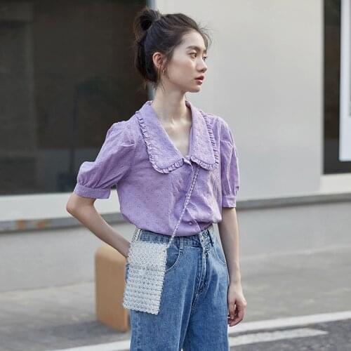 Deeptown Elegant Blouse Women Puff Sleeve Button Up Shirt Women Peter Pan Collared Shirts Kawaii Tops Summer Vintage Cottagecore