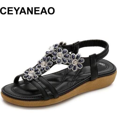 CEYANEAO 2019Non-slip wear-resistant flat shoes simple fashionable sandals beach shoes with rhinestones and flowers