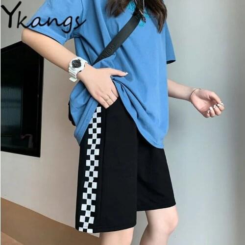 Side Plaid High Waisted Black Biker Running Shorts with Pocket Summer Women Korean Style Clothes Harajuku Casual Cycling Shorts