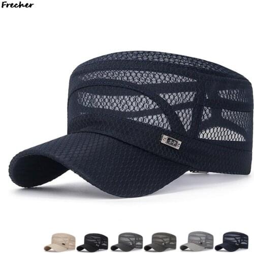 Men Snapback Caps Women Vintage Mesh Flat Top Army Sun Hat Summer Outdoor Cycling Visor Cap Casual Sport Solid Military Cap