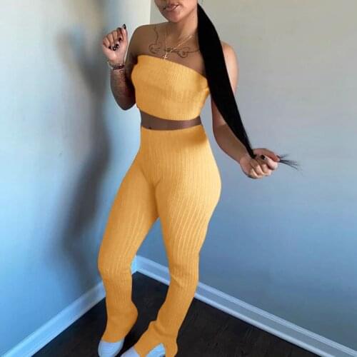 TNNAOFF Sexy Rib Two Piece Set for Women Breast Wrap Crop Top Fashion Split Hem Flare Pants Streetwear Club Overalls Outfits