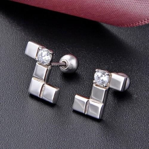 Red Trees Brand 925 Sterling Silver Earings Fashion Jewelry Wholesale / Drop Shipping Small Tetris Stud Earrings Silver