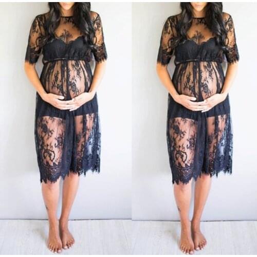 Pregnant Women Lacy Clothing Female Transparent Eyelash Short Sleeve Short Dress Lady Photography Props Maternity Dress Vestidos