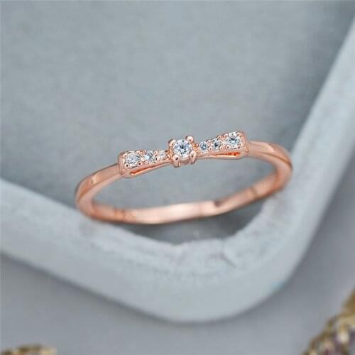 Cute Female Small Bowknot Ring Fashion Rose Gold Color Zircon Engagement Ring Elegant Promise Wedding Rings For Women