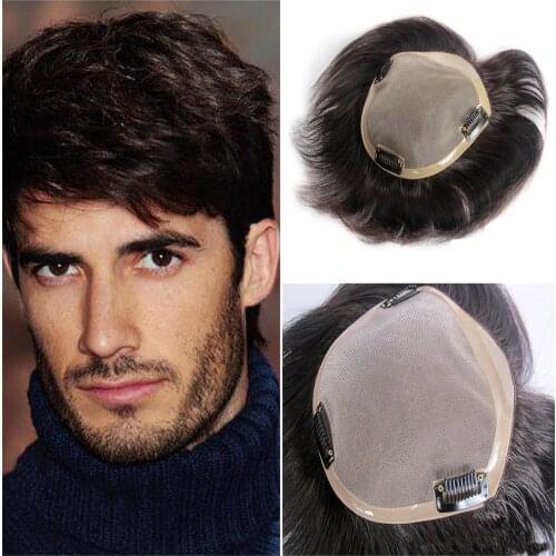 BYMC Mono Toupee Human Hair Mens Toupee Natural Hairline Lace With PU Replacement System With Clips