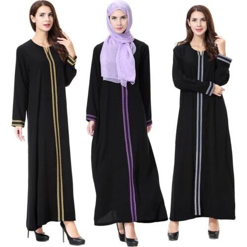 Muslim Islamic Womens Collar Round Long Sleeves Dress Abaya Female Lady Maxi Saudi Arab Ethnic Thobe Clothes