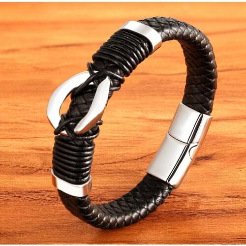 2021 New Style Hand-woven Accessories Combination Stainless Steel Mens Leather Bracelet Gold/Steel Color Jewelry Christmas Gift