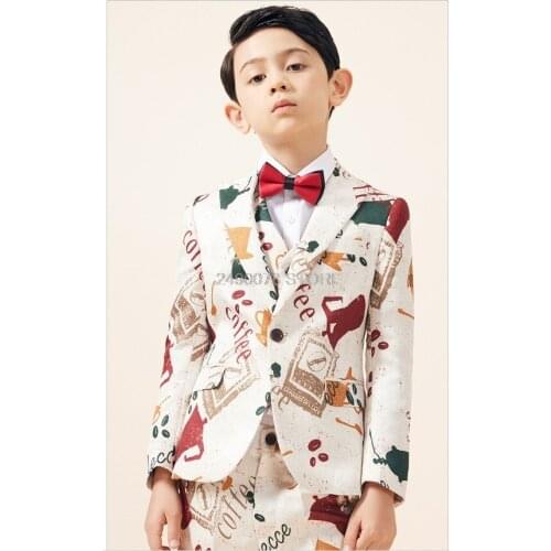 Prince Kids Jacket Vest Pants 3Pcs Dress Flower Boys Luxurious Wedding Suit Children Piano Performance Party Costume 3-14Y