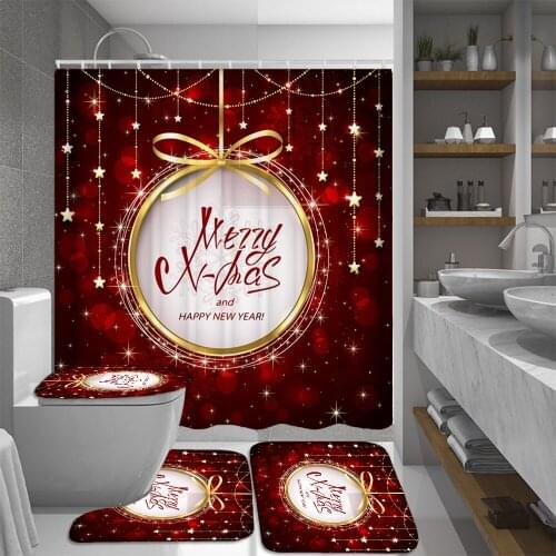 High Quality Festive Bells Christmas Shower Curtain Bathroom Curtains Anti-skid Rugs Carpet Toilet Lid Cover Bath Mat Set