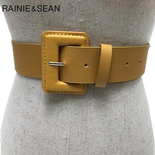 RAINIE SEAN Yellow Belt Womens Pu Leather Belts Casual Solid Green Red Pink Purple Black High Quality Ladies Waist Belt
