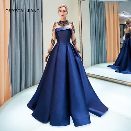 CRYSTAL JIANG 2018 High Neck Heavy Major Beaded A Line Arabic Style Long Sleeves Formal Navy Luxury Evening Dresses