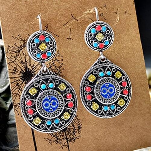 Retro Kazakh Silver Gold Plated Color Stone Dangle Earrings East National Style Tribal Earrings Fashion Indian Party Jewelry