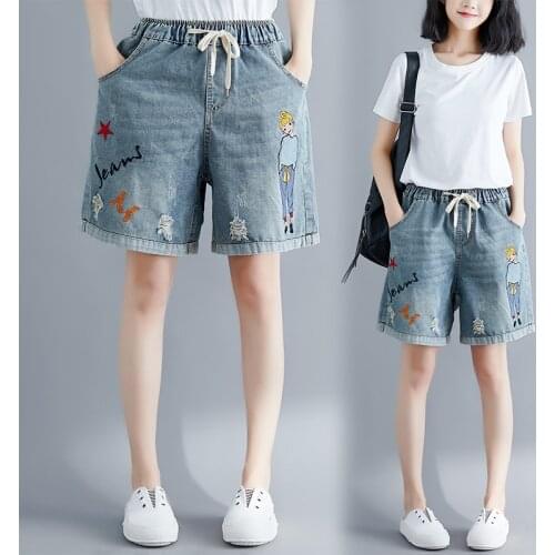 Short Jeans Women Elastic High Waisted Hole Embroidery Denim Shorts Jeans Summer Retro Loose Casual Wide Leg Shorts Denim Shorts