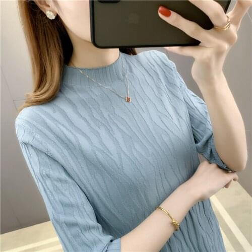 19842 (6 room 1 row of no. 3) make ice silk pure color and a half high collar short sleeve turtleneck sweater 34