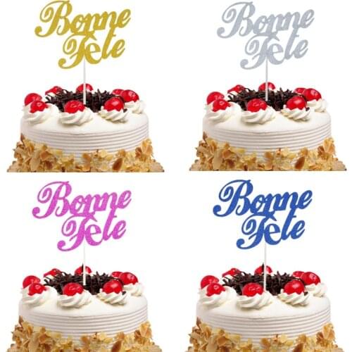Cake Topper Bonne Fete French Kids Girl Boys Happy Birthday Decoration Glitter Cupcake Flags Birthday Party DIY Baby Shower Xmas